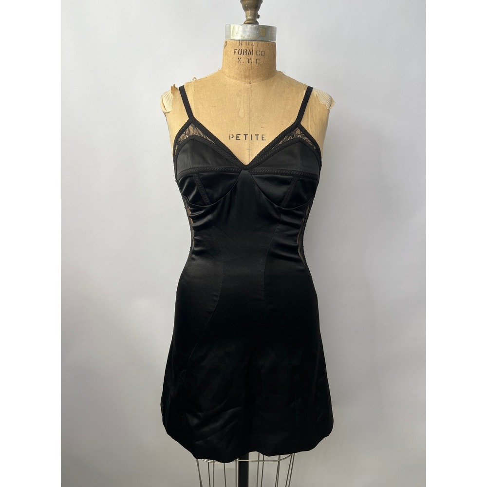 Kim Shui Black Satin Lace Panel Mini Dress Size S NWT